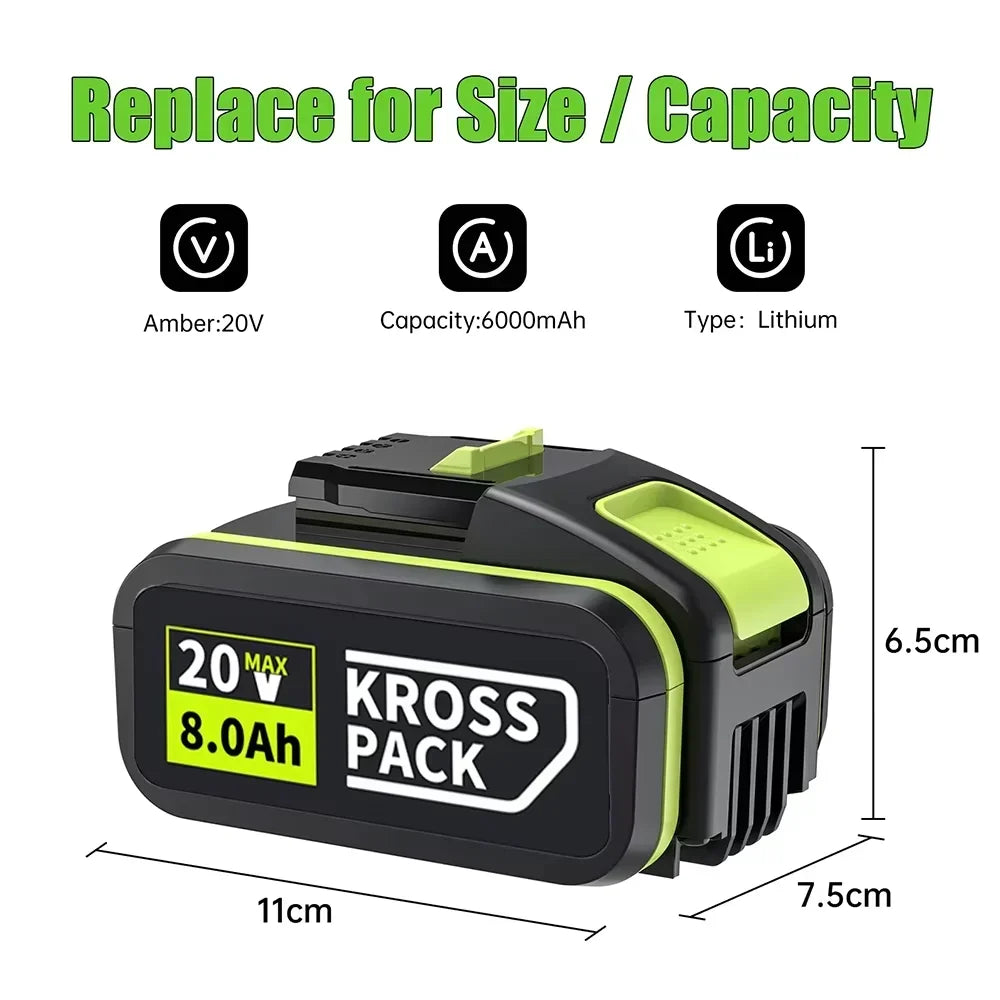 20V 6.0Ah & 8.0Ah WA/WX Tools Battery, 3H Fast Charge with LED Display & 5 Protections, Compatible WA3016/WA3023/WA3054 Oasis Select