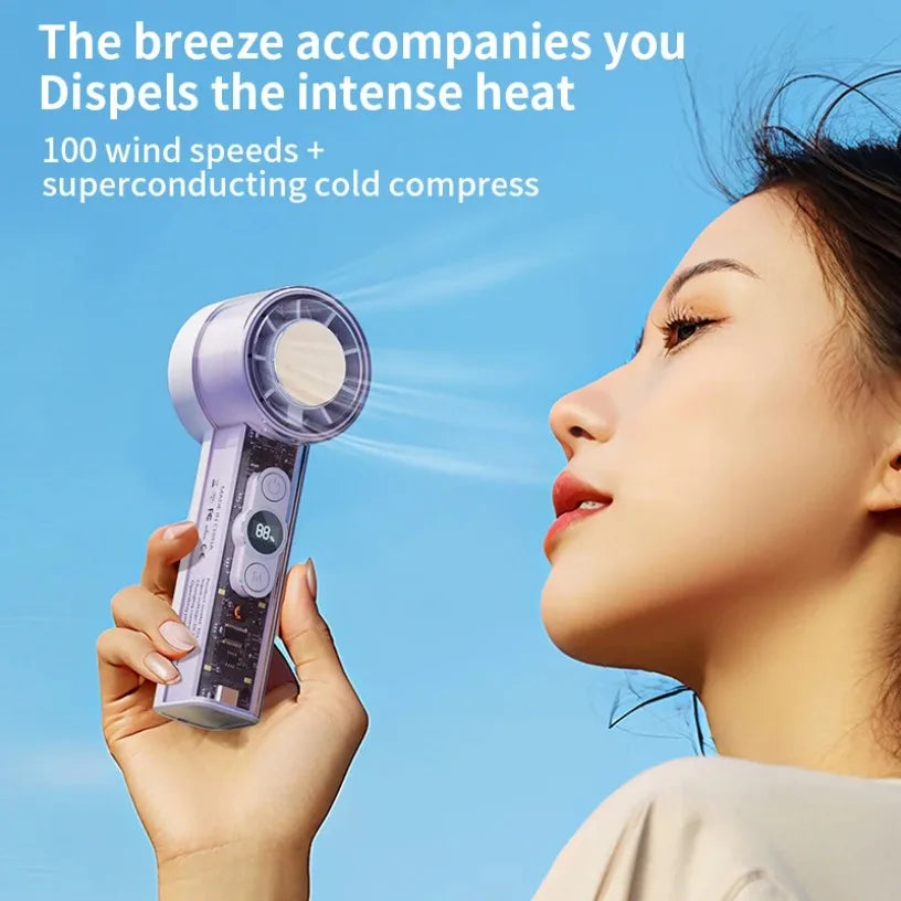 2026 New Transparent Cold Compress Handheld Fan 100 Speed Turbo Motor Superconducting Cooling Portable Fan For Outdoor Travel Oasis Select