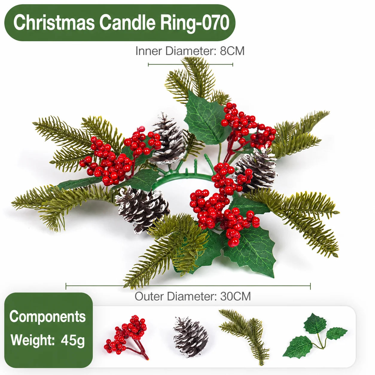 Artificial Christmas Candle Ring Wreath with Pine Cone Red Berries for Table Centerpiece Holiday Home Decoration Oasis Select color 7