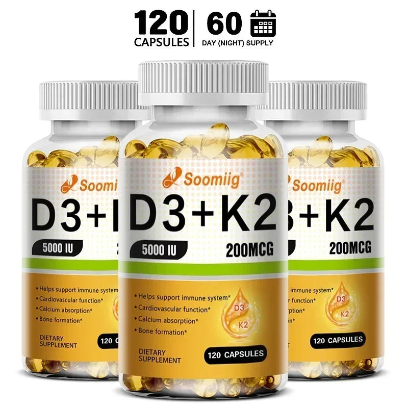 Vitamin D3 5000IU and 200 Mcg Vitamin K2 (MK-7) Capsules for Calcium Absorption, Bone Regeneration, Immune Support, Easy To Melt Oasis Select 120 count-3 bottle