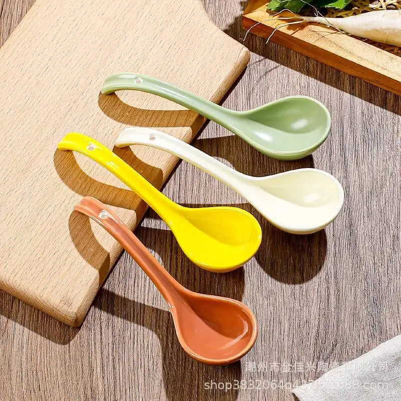 Japanese Underglaze Ceramic Soup Spoon, Everyday Ceramic Soup Spoon Ramen Long-handled Curved Spoon Tableware Oasis Select