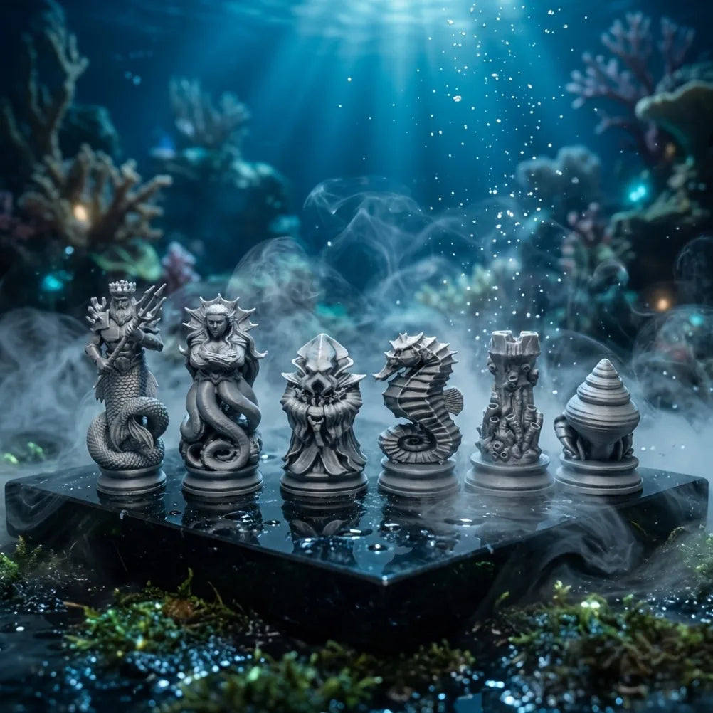 16PCS Ocean Myth Chess Figurines 3D Printed Deep Sea Theme Chess Set Coral Sculpture Tabletop Game Decor Desk Art Ornament Oasis Select