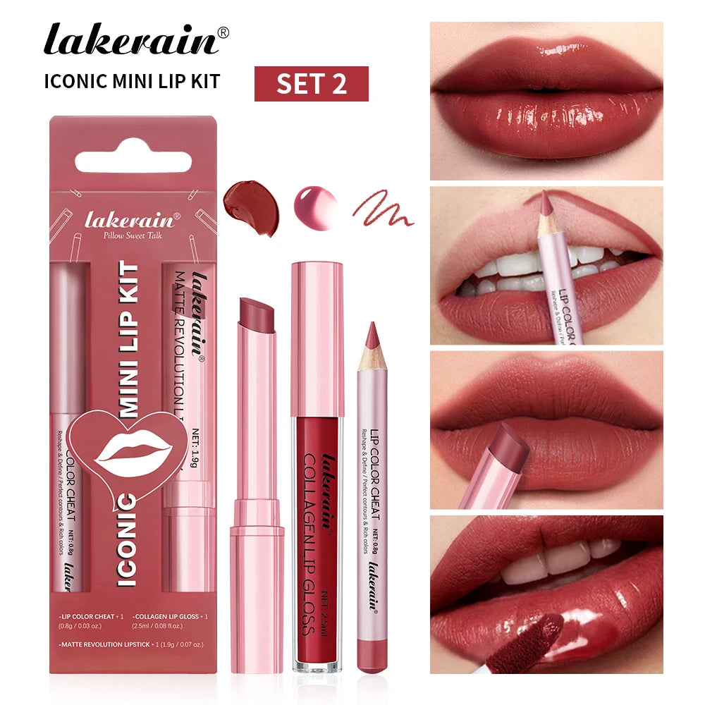 3pcs Lip Makeup Set Lip Liner Lip Gloss Lipstick Mirror Effect Beep Lips High Color Long-lasting Hydrates Travel Mini Set Oasis Select set 2