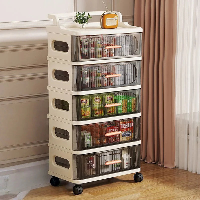 Drawer-style storage cabinet - A household portable storage unit for storing snacks and miscellaneous items in multiple layers. Oasis Select