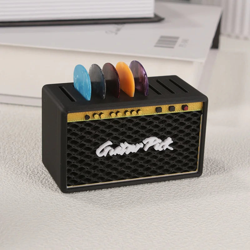 2025 New 1pc Guitar Pick Storage Box + 5pcs Picks, Random Color Retro Speaker Design Multi-Compartment Organizer Oasis Select