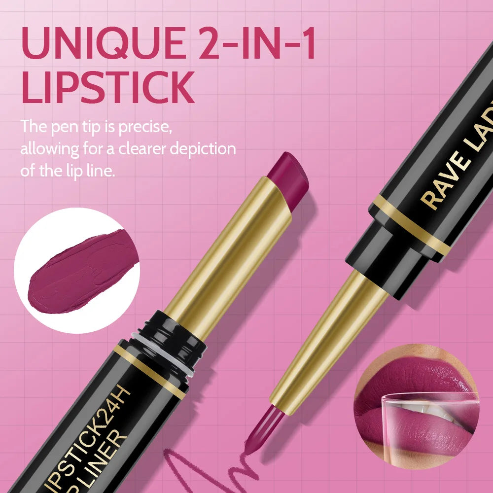 Rave Lady 2 IN 1 Matte Lipstick Lipliner Pencil 6 Color Christmas Gift Waterproof Lipstick Sexy Red Long Lasting Lipliner Makeup Oasis Select