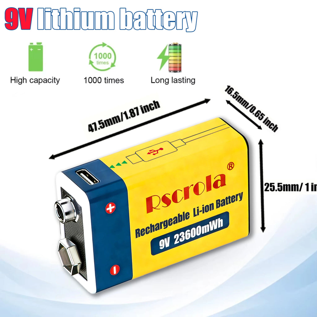9V 23600mWh USB Lithium-ion Batteries 9V 6F22 Li-po Battery Constant Voltage 9V Output USB Li-ion Rechargeable Batteries Oasis Select