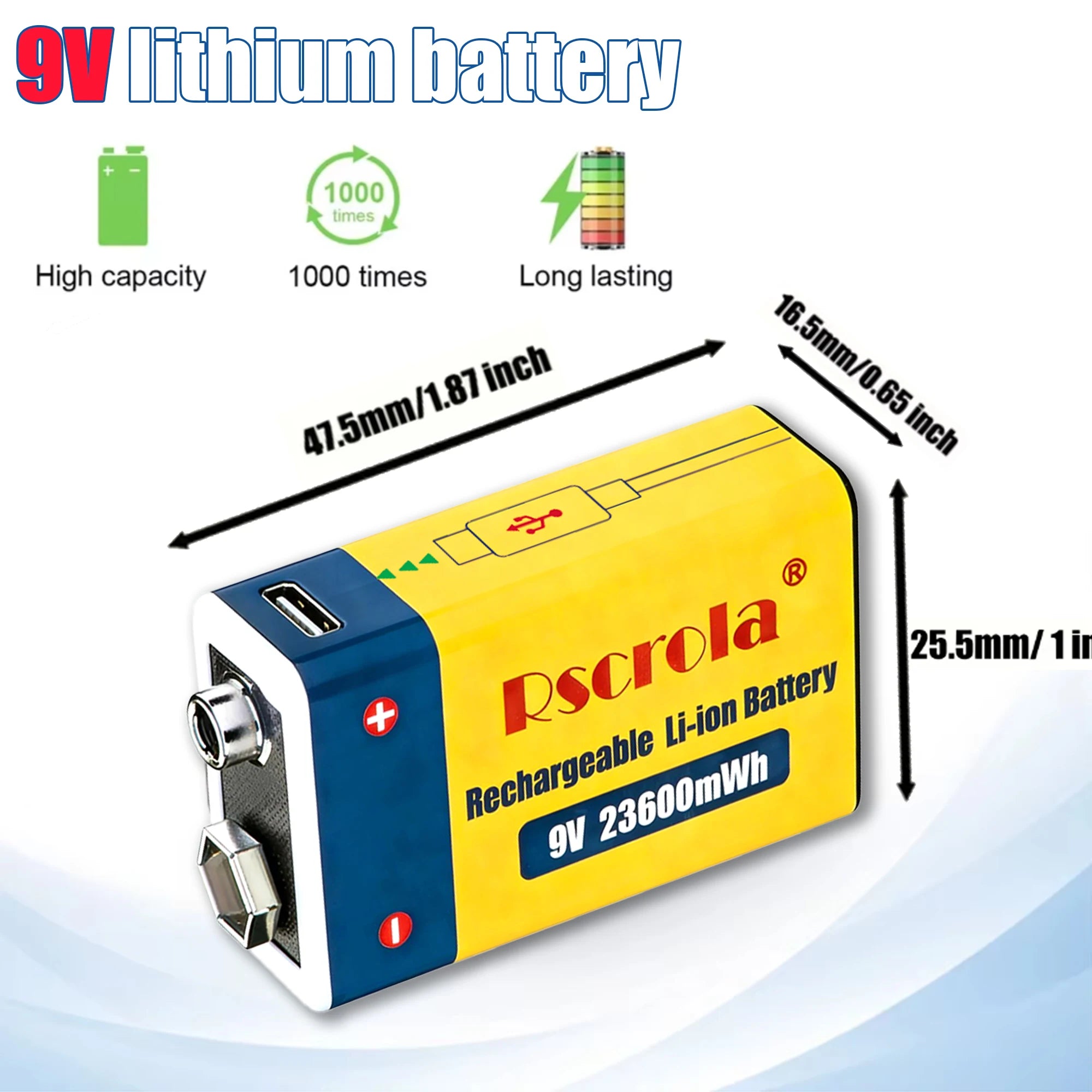 9V 23600mWh USB Lithium-ion Batteries 9V 6F22 Li-po Battery Constant Voltage 9V Output USB Li-ion Rechargeable Batteries Oasis Select