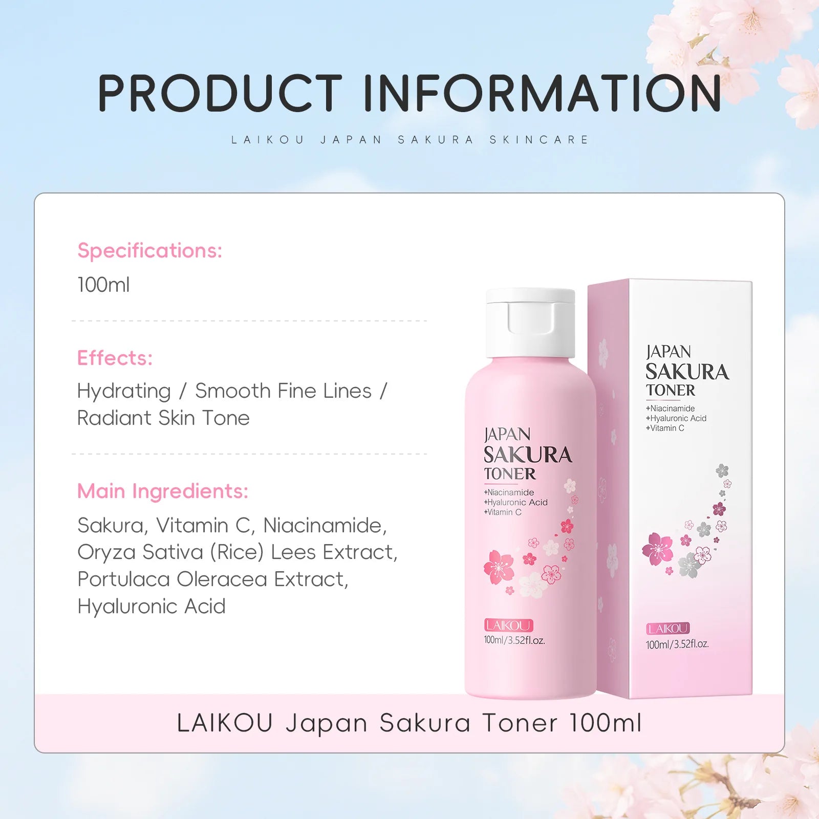 LAIKOU Japan Sakura Toner with Niacinamide Hyaluronic Acid Vitamin C 100ml - Moisturizing Refreshing Gentle Oasis Select