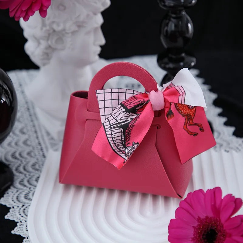 1PCS Leather Gift Bags Bow Ribbon Packaging Bag Wedding Favour Distributions Bags Eid Mubarak Candy Packaging Box Mini Handbag Oasis Select Rose red Other
