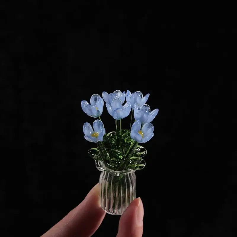 6/7Pcs Mini Lifelike Glass Flowers Simulation Flowers Handcrafted Floral Sculpture Floral Bouquet With Vase Home Decoration Gift Oasis Select A2