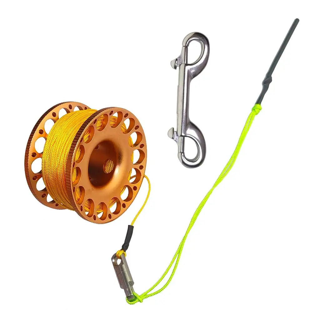 Scuba Diving Reel Aluminum Alloy Wreck Cave Finger Spool with 30m/100ft High Visibility Line and Double-Ended Bolt Snap Clip Oasis Select Orange