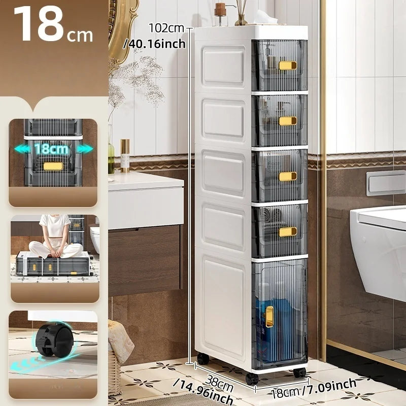 18cm Narrow Storage Cabinet, Multi-Tier Slim Organizer for Bathroom/Living Room, Holds Towel/Tissue/Cosmetic, Space-Saving Shelf Oasis Select open-top-1 L 4S