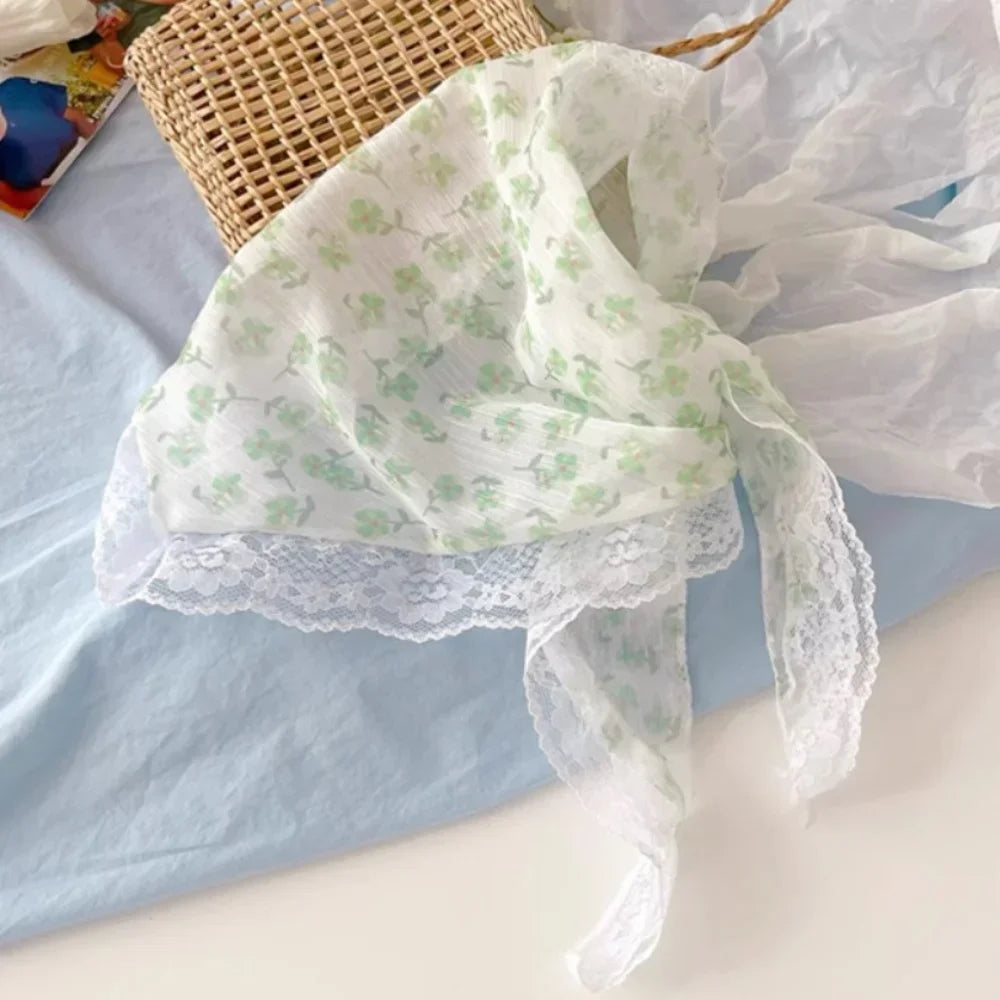 New French Style Triangle Scarf Small Flowers Fabric Turban Bandana Hair Accessories Lace Hair Bands for Spring Summer Oasis Select B