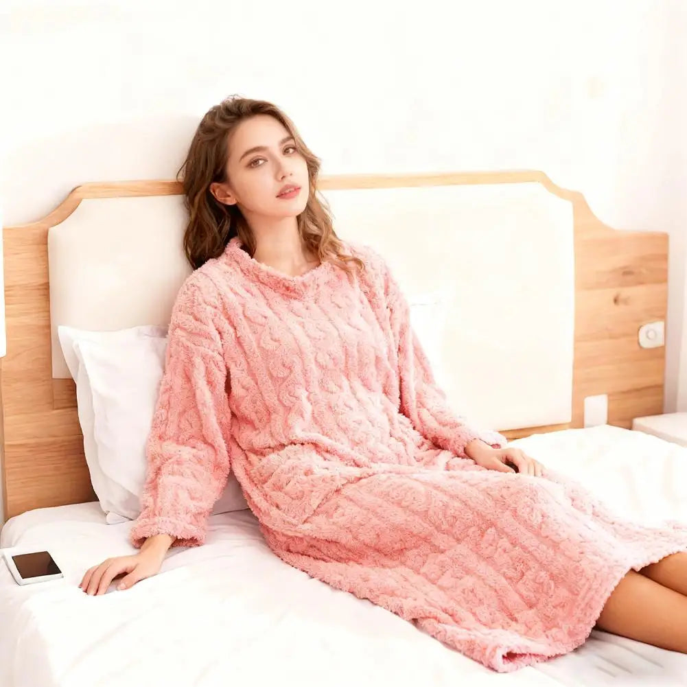 Winter Warm homewear Long Sleeve Double Pocket Flannel Nightgowns Women Loose Solid Sleepwear Jacquard Night Dress Thickened Oasis Select