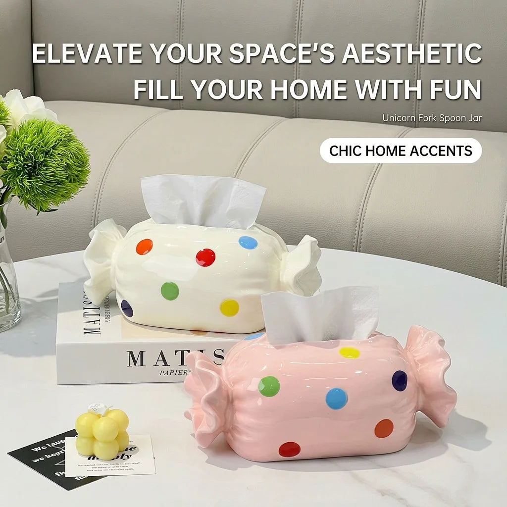 Ceramic Candy Tissue Box | Cute Polka Dot Home Decor Holder