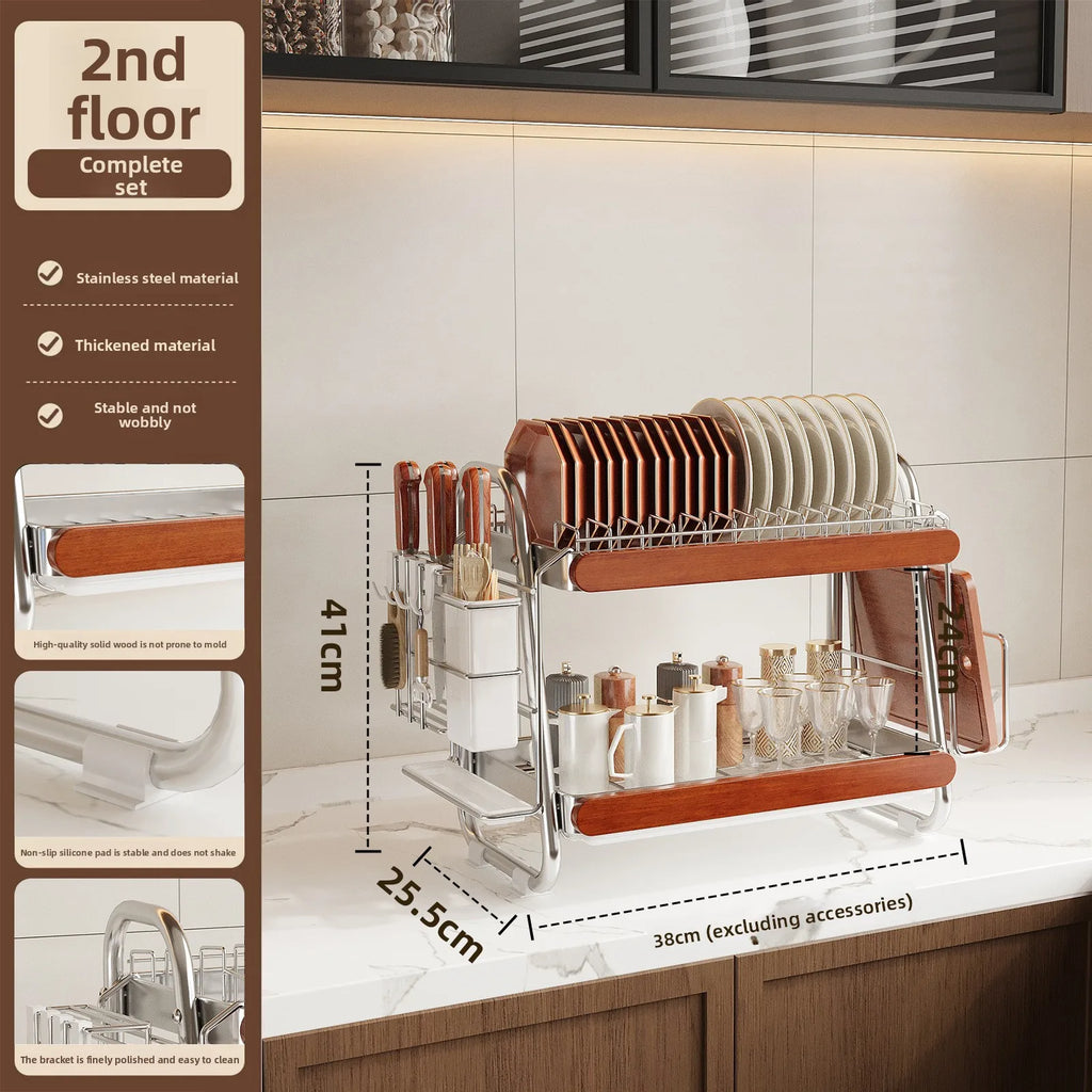 Medieval Stainless Steel Dish Storage Rack Dish Knife Chopsticks Drain Rack Oak Baffle Drying Rack Kitchen Shelf Oasis Select 2 wide edges set