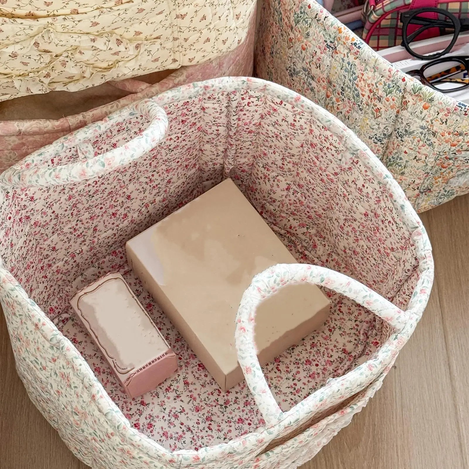 Floral Storage Basket Boho Quilted Tote Storage Organizer Basket For Snack Clothes Toys Foldable Storage Basket Organizer Oasis Select