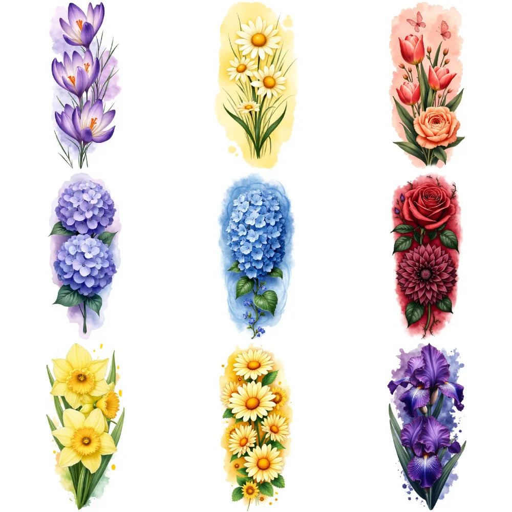 9-Pack Floral Temporary Tattoos – Waterproof Flower Designs