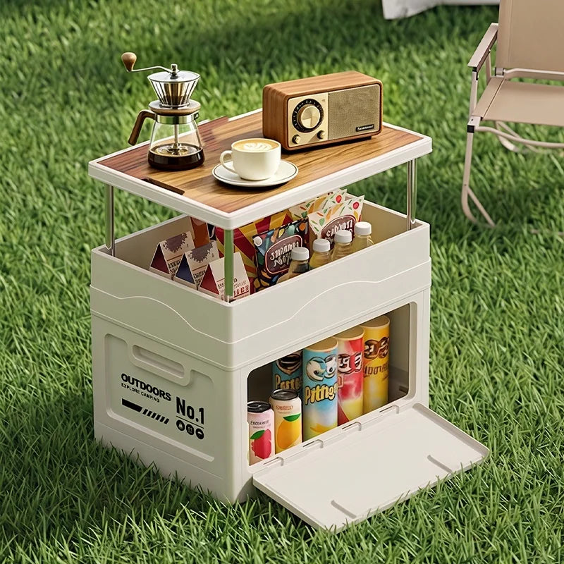 Large-capacity wooden cover foldable storage box for outdoor camping storage box table integrated vehicle camping trunk Oasis Select