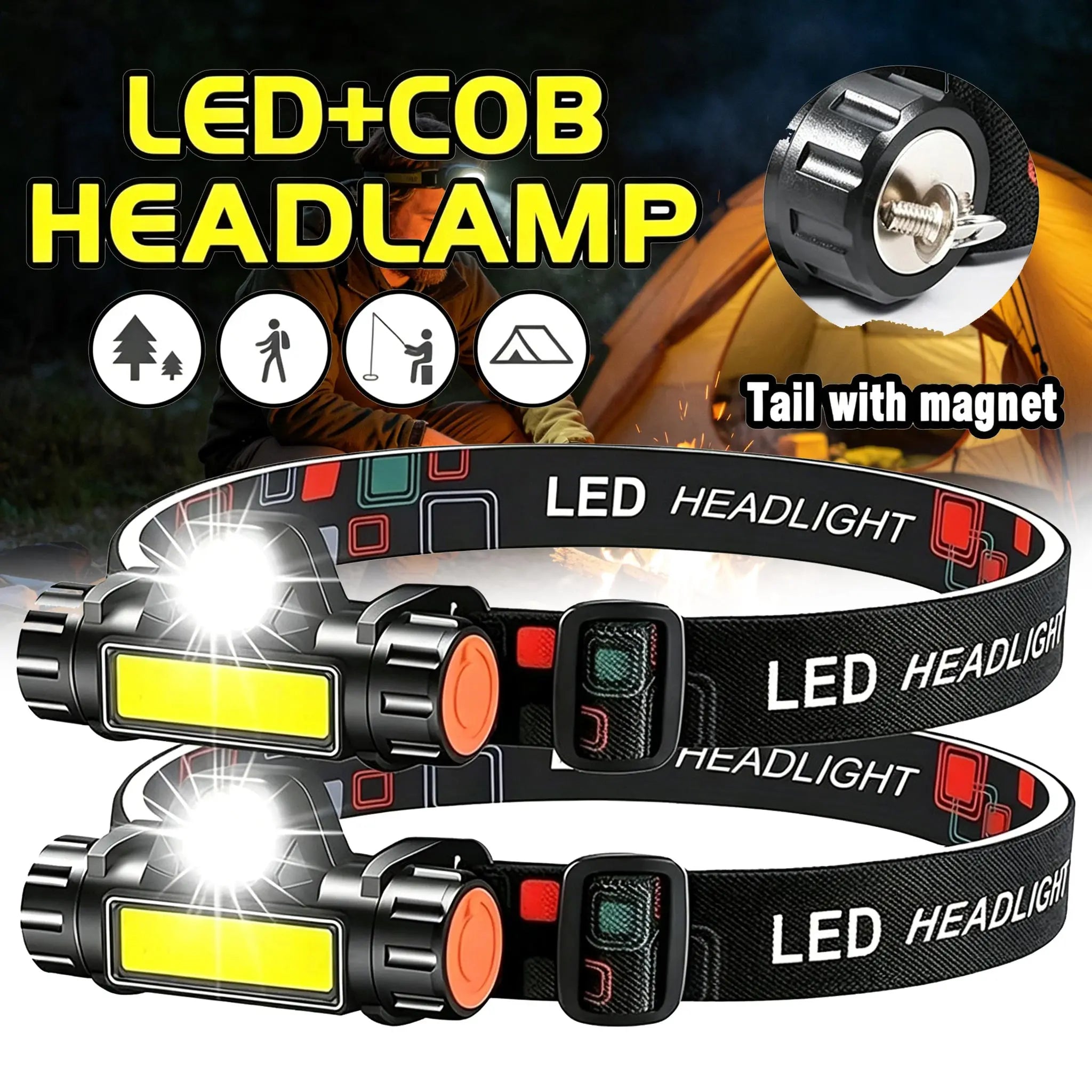 Super Bright LED Headlamp USB Rechargeable XPE+COB Head Flashlight Waterproof with Tail Magnet Dual Light Sources Camping Lamp Oasis Select