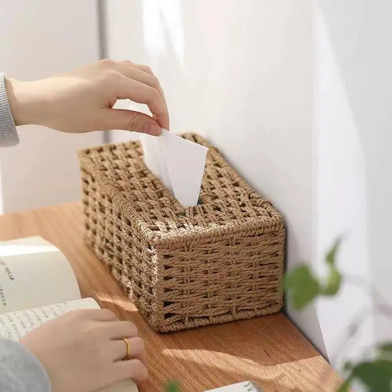Woven Tissue Storage Box Imitation Rattan Woven Grass Tissue Box Luxury Tissue Paper Holder Home Living Room Table Decoration Oasis Select