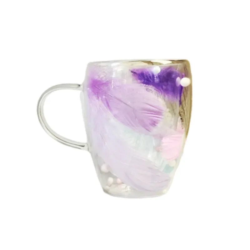 250/350ML Double Wall Coffee Mug with Handles Clear Milk Cups Gifts Glass Cup Household Office Fill Simulation Feather Teacup Oasis Select 350ML 301-400ml