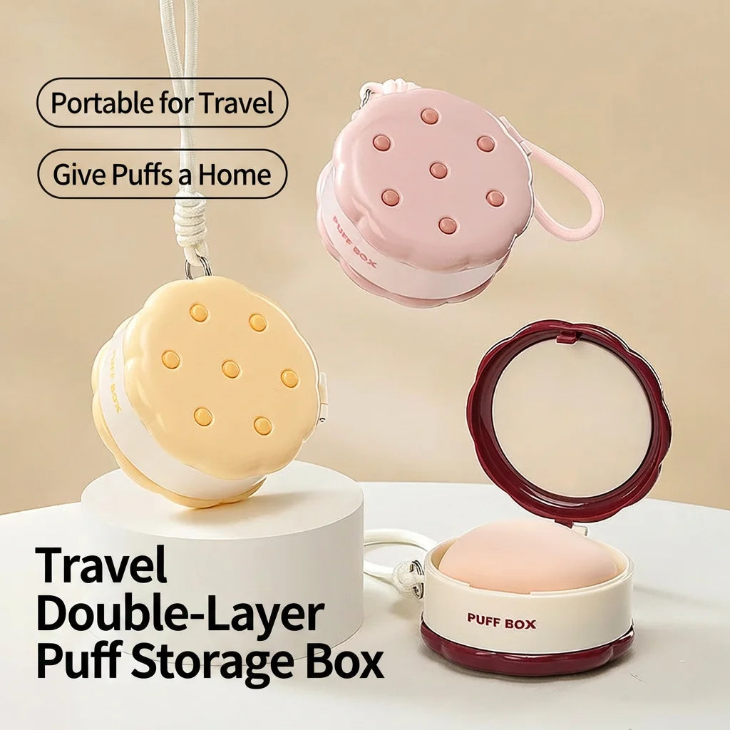 Cookie-Shaped 2-Layer Powder Puff Cosmetic Storage Box