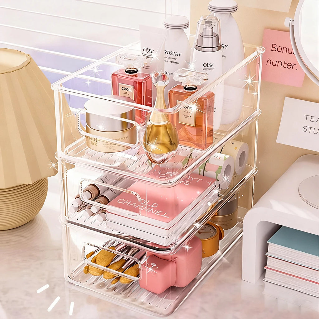 1pc/2pcs Handheld Stackable Acrylic Stationery Skincare Storage Box Desktop Cosmetics Bathroom Office Miscellaneous Storage Box Oasis Select