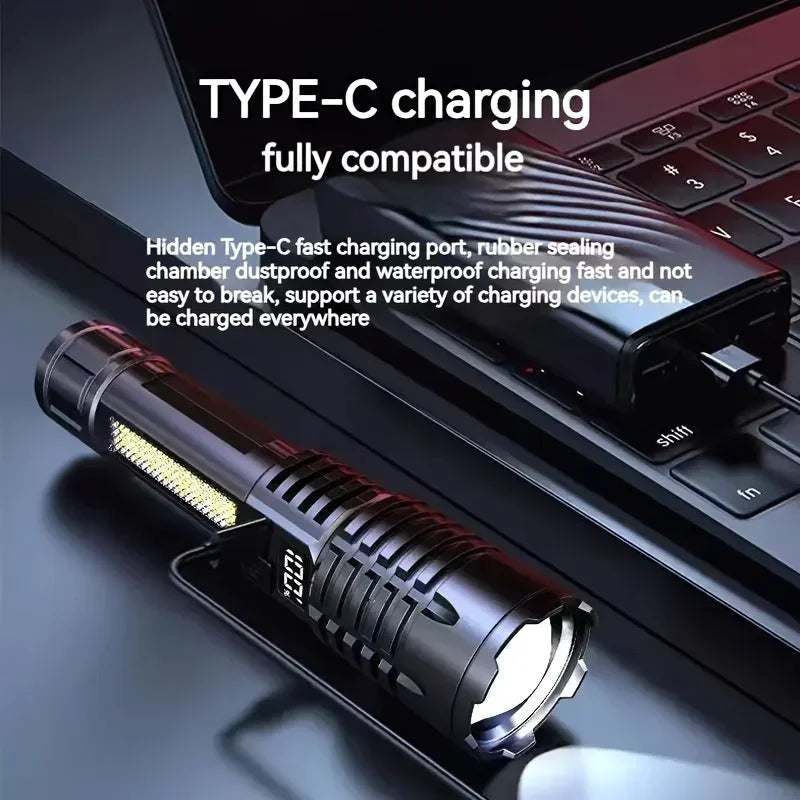 High Power LED Flashlights with Display Screen Portable Rechargeable Zoom Tactical Torch Lamp with Emergency Side Lights Lantern Oasis Select