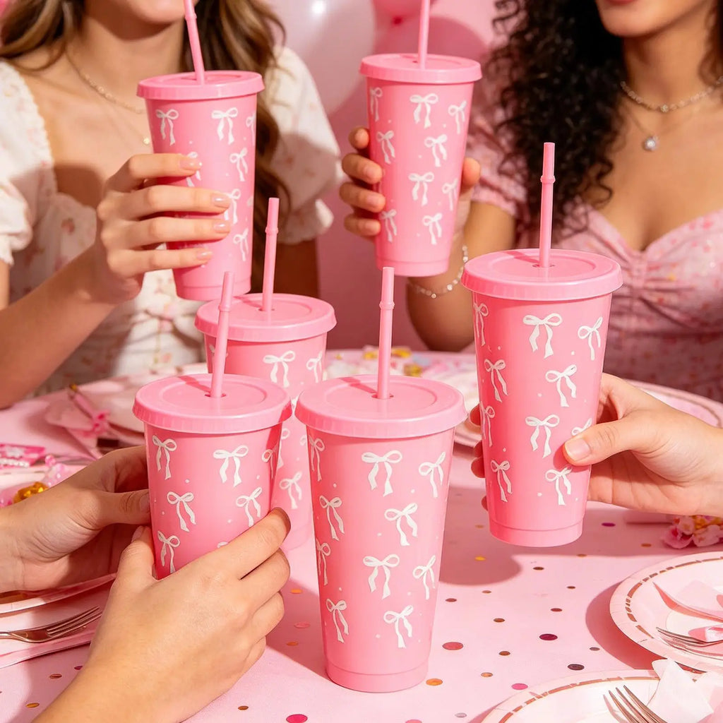 straw cup 12Pcs Reusable Party Cups with Straw Lid For Ice Coffee Juice Tea Cute Bowknot Plastic Cups Portable Drinking Cups Oasis Select