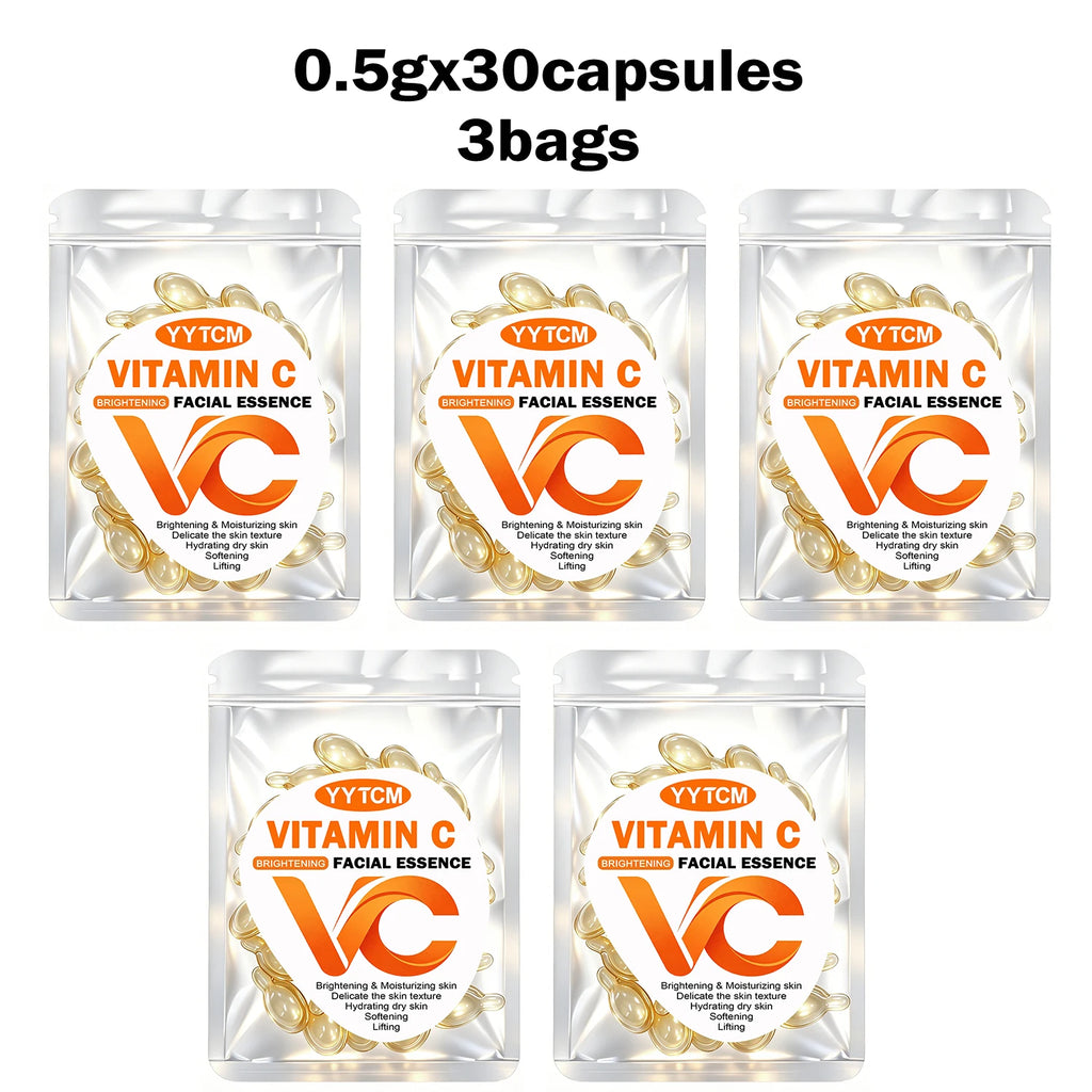 Vitamin C Facial Serum, Moisturizing and Brightening, Firming the Skin, Contains Vitamin E, Retinol, Hyaluronic Acid, Facial Skin Care Serum, 18 Capsules/30 Capsules/60 Capsules/90 Capsules/150 Capsules/300 Capsules Oasis Select 5 Bags 30 Capsules