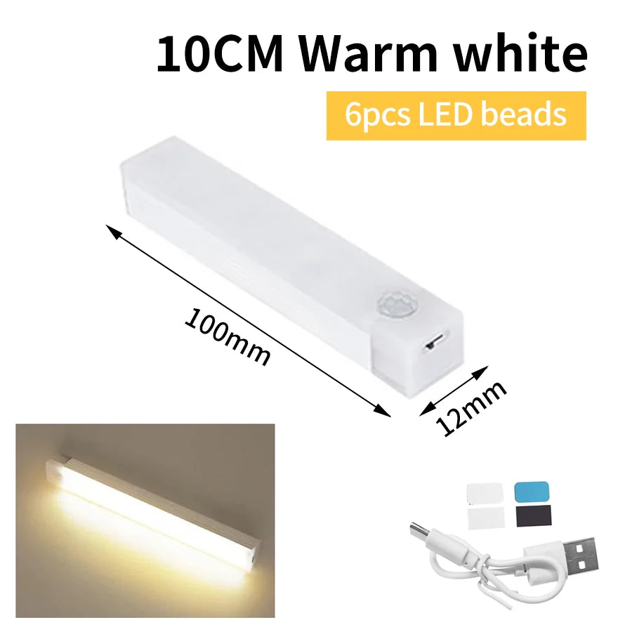 USB Rechargeabl LED Night Light PIR Motion Sensor Under Cabinet Lamp For Bedroom Wardrobe Hallway Staircase Bar Lighting Oasis Select 10CM Warm White