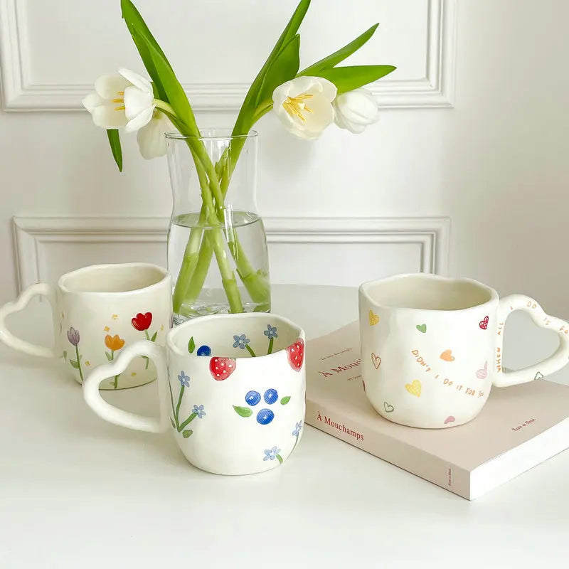 350ML Ceramic Coffee Mugs Tulip Love Handle Cups Hand Pinched Irregular White Color Flower Milk Mug Oatmeal Breakfast Tea Cup Oasis Select
