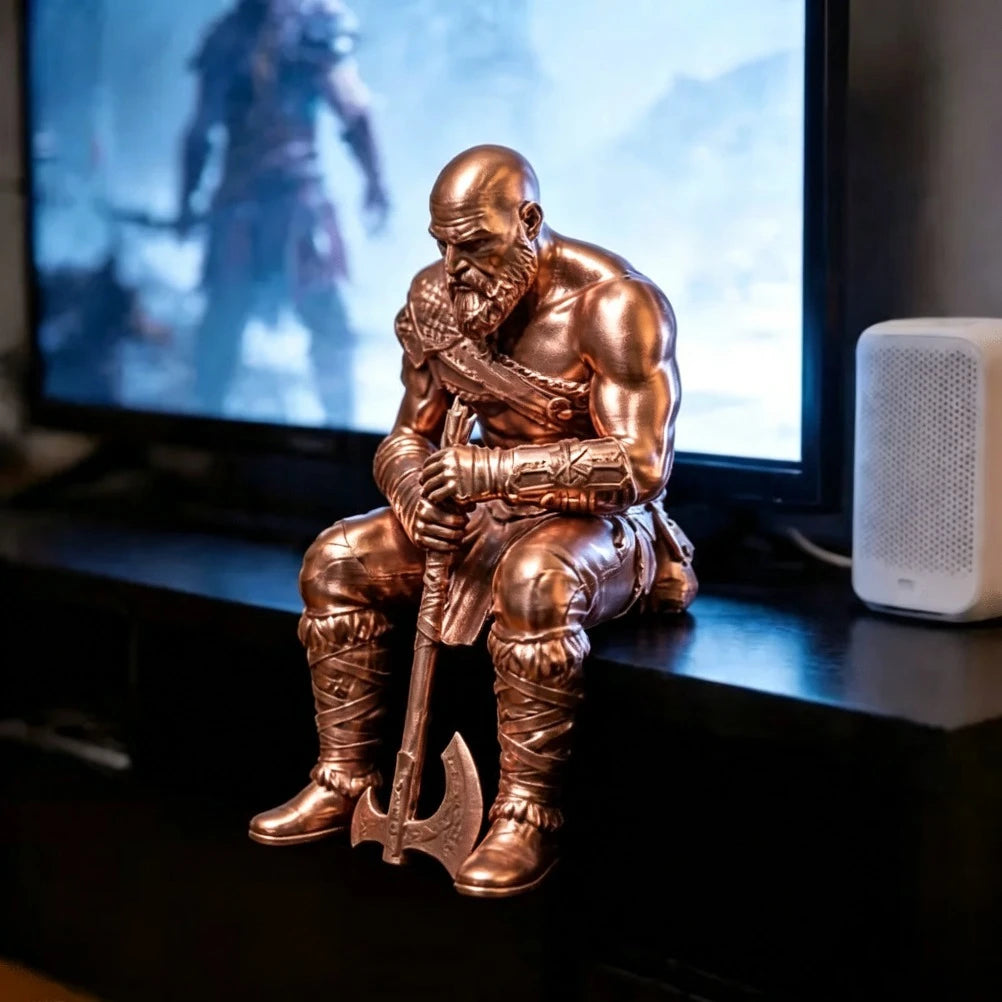 Nordic Warrior Sitting Figurine 3D Printed Muscular Bearded Statue Melancholic Style Sculpture Gothic Art Decor for Home Desktop Oasis Select Copper
