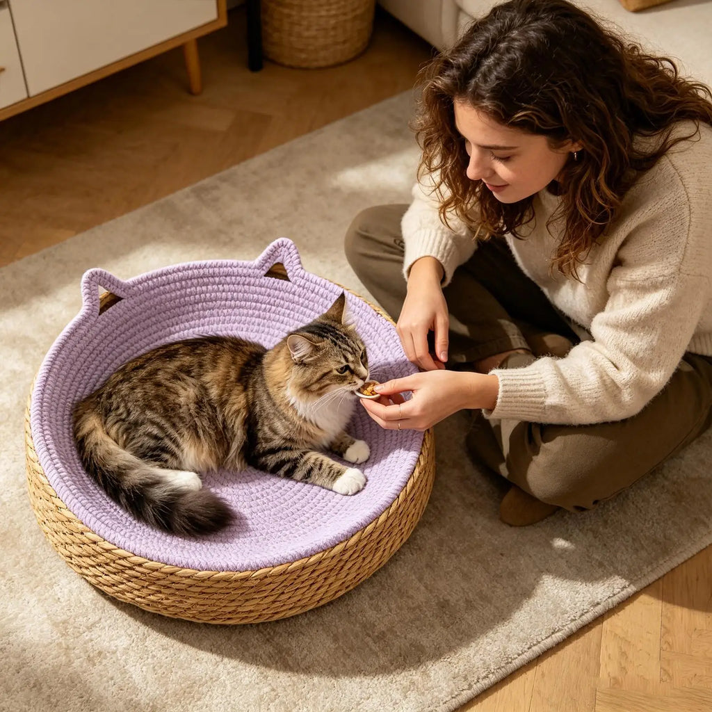 Round Cat Scratcher Breathable Pad Kitten Ear Design Cotton Rope Woven Cat Bed for Play Exercise Enrichment Paws Care Activity Oasis Select