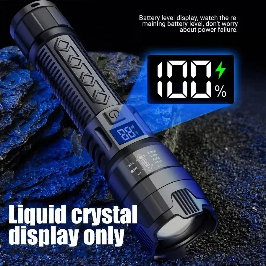 High Strong Power Led Flashlights 2000LM Tactical Torch with Display Light Rechargeable Camping Fishing Emergency Zoom Lantern Oasis Select