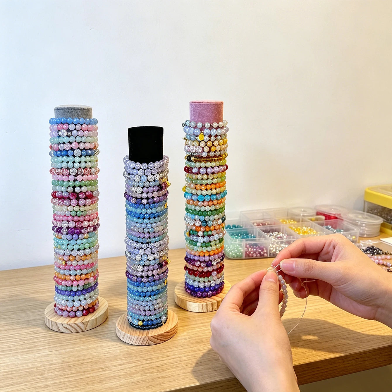 1pc velvet multi-color bracelet jewelry storage rack with vertically stacked tabletop and wooden solid wood base storage rack Oasis Select