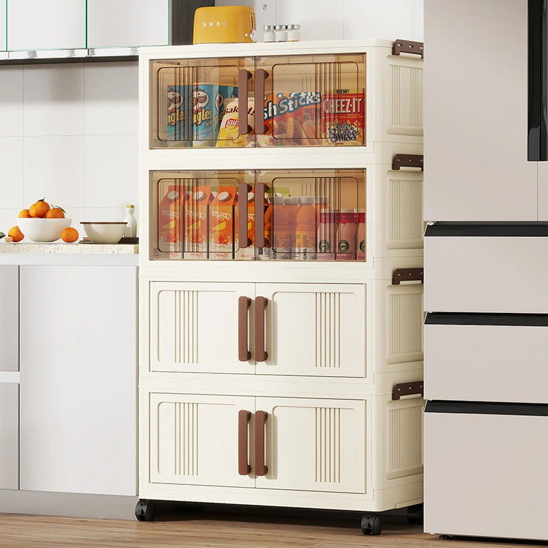 Foldable storage cabinet - movable multi-level double-door storage cabinet - living room and kitchen transparent storage box Oasis Select