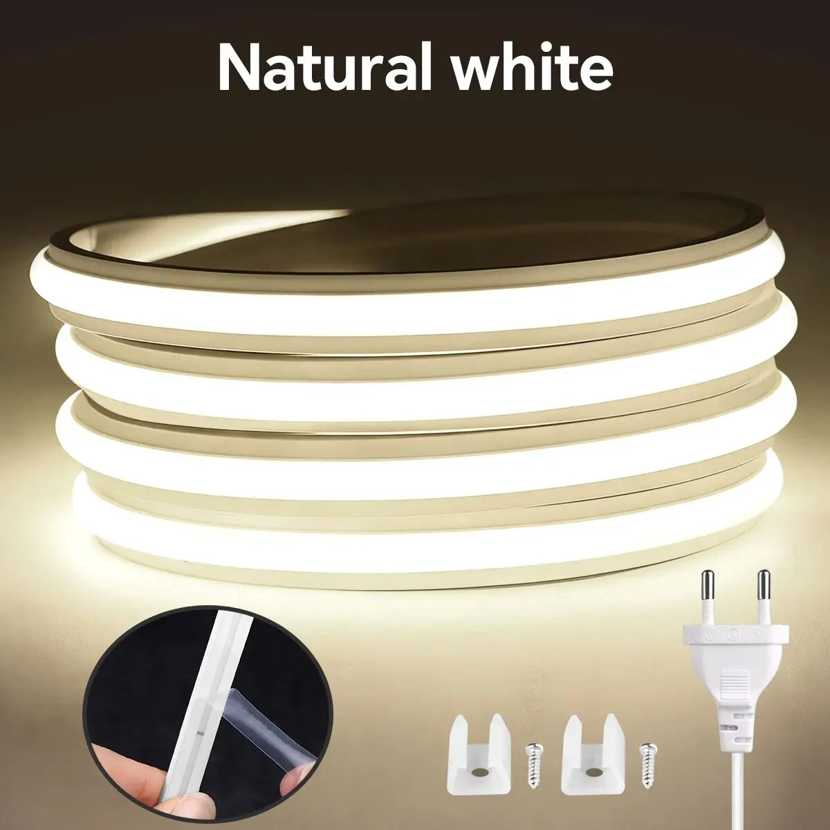 Fireproof Genuine Silicone COB Neon Strip Light 220V Swtich Control Super Bright 280leds/m Cabinet Garden Ambinet Backlight Oasis Select Natural White 220V EU Power Plug 4 m