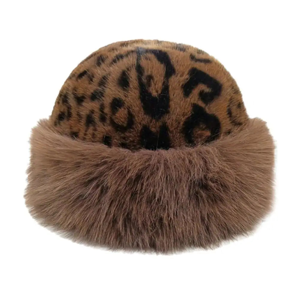 Women's Plush Leopard Print Winter Knit Hat with Pom Pom