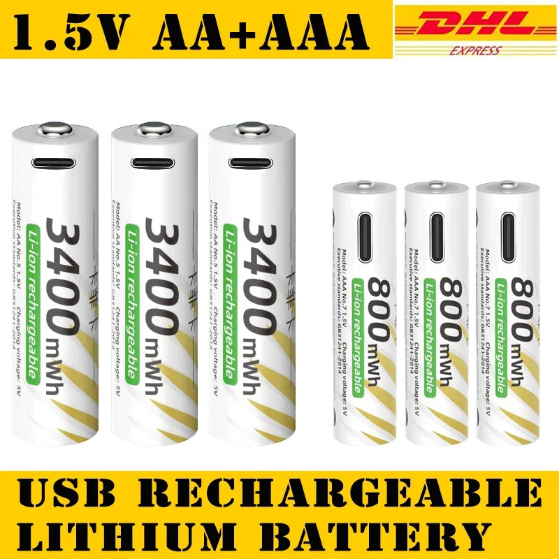New Li-ion AAA and AA Rechargeable Batteries USB Lithium-ion 3400mWh 1.5V AA Rechargeable Batteries+800mWh 1.5V AAA Battery Oasis Select