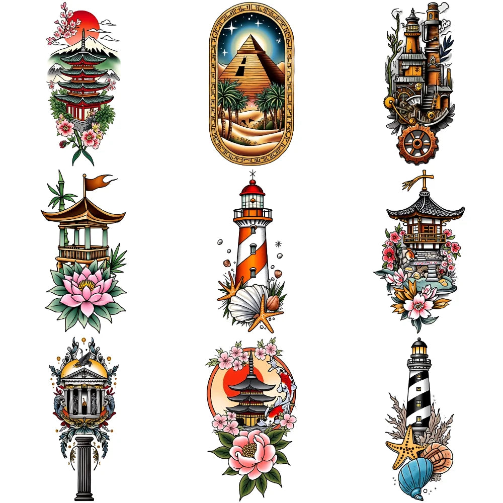 9-Pack Temporary Tattoo Stickers – Lighthouse, Flowers & Church Temporary Tattoo Stickers Oasis Select 2A-9X6cm