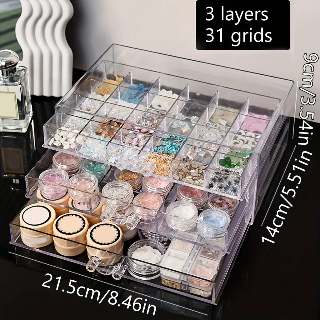 1pc drawer style acrylic multifunctional nail diamond decoration storage box desktop jewelry bead stackable organizer Oasis Select 3layers-31grids