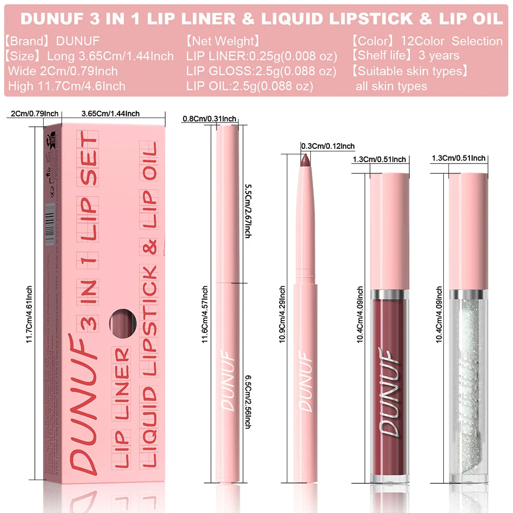 Lip Gloss Lip Liner Lip Oil 3pc/set: Matte Lipstick Waterproof Moisturizing Long Lasting Nude Y2K Christmas Valentine's Day Gift Oasis Select