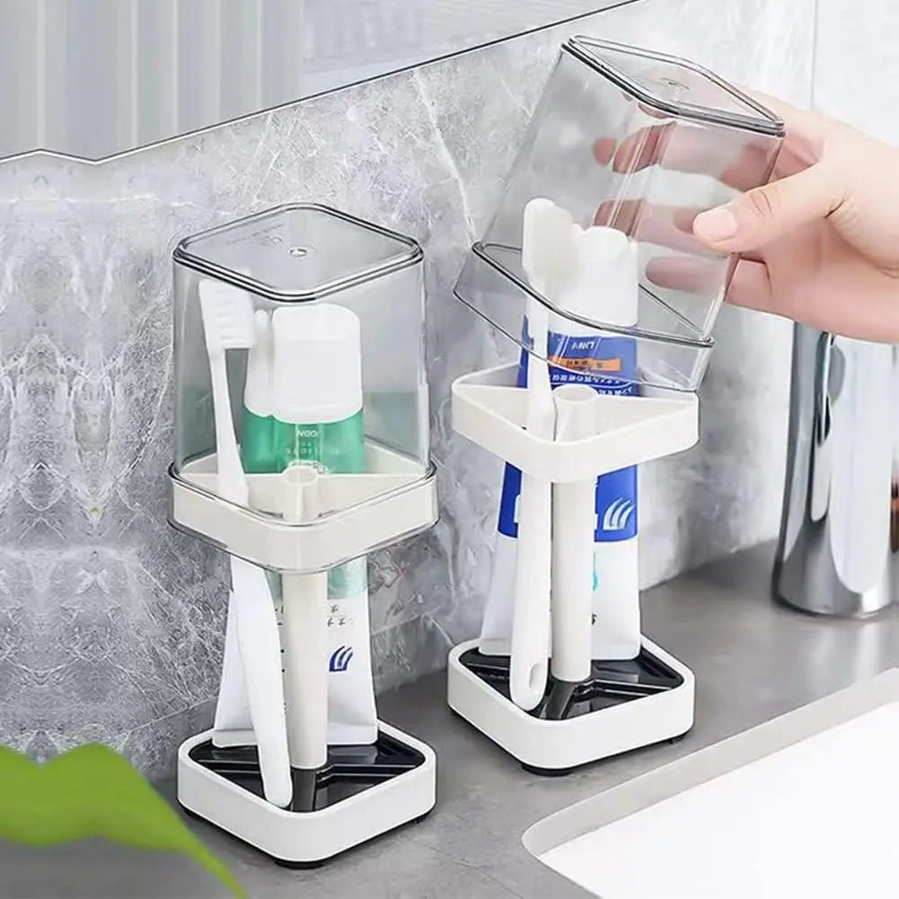 3in1 Countertop Toothbrush Station with Cover All-in-One Toothpaste Brush Holder for Bathroom Sink Easy-Clean Plastic Organizer Oasis Select