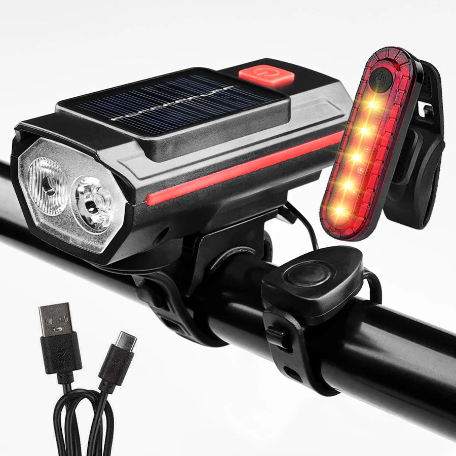 Solar Bicycle Light with Horn 120dB TYPE-C fast Charging MTB Road Bike Front Lamp Flashlight Bicycle Light 1200 mah Oasis Select QD-4601T