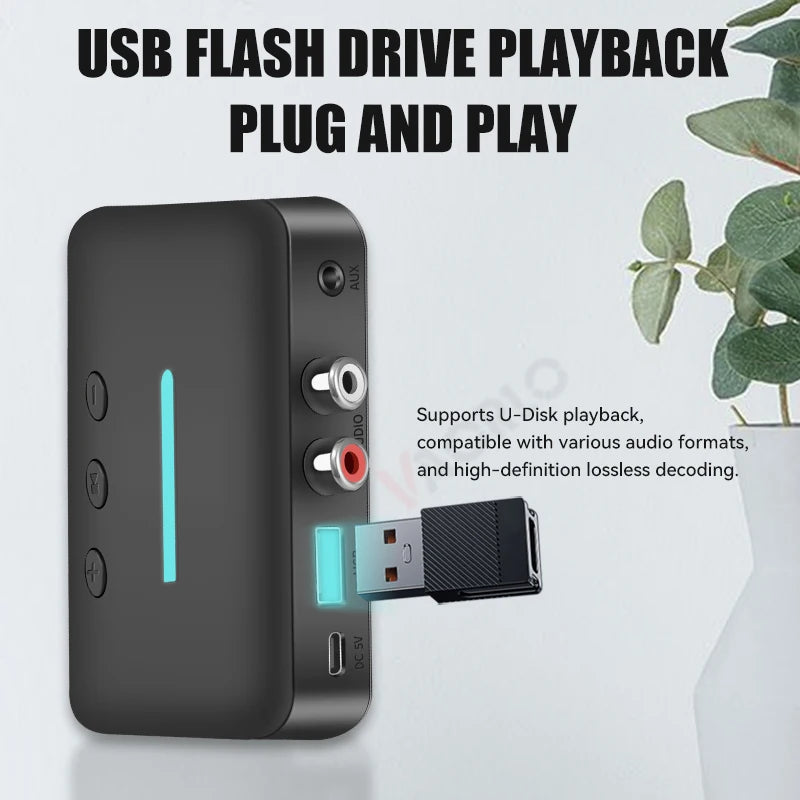 USB Bluetooth 5.3 Audio Receiver Adapter Wireless Stereo Music 3.5mm AUX R/L RCA Support U-Disk Playback For Desktop Speaker Amp Oasis Select
