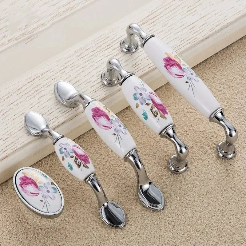 Tulip Ceramic Door Handle Silver Drawer Pulls Vintage Flower Cupboard Kitchen Cabinet Handles and Knobs Furniture Hardware Oasis Select