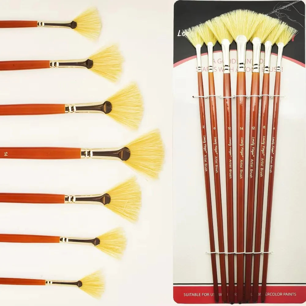 7/14pcs Artist Fan Paint Brush, Hog Bristle Natural Hair Anti-Shedding Brush Tips, Long Wooden Handle for Comfortable Holding Oasis Select